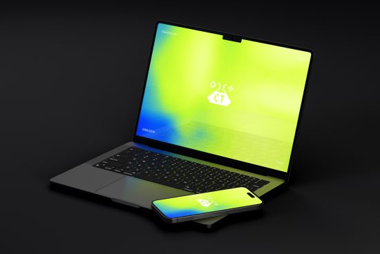 Laptop and smartphone mockup with vibrant screen graphics on a dark background, ideal for presenting app and web designs.